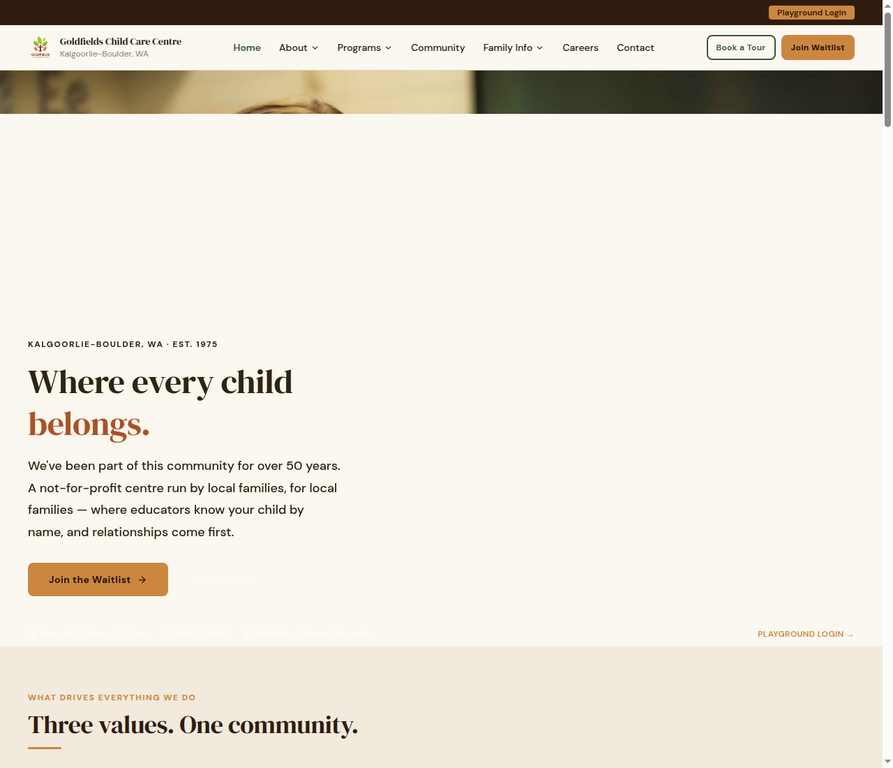 Public homepage screenshot for Goldfields Child Care Centre.