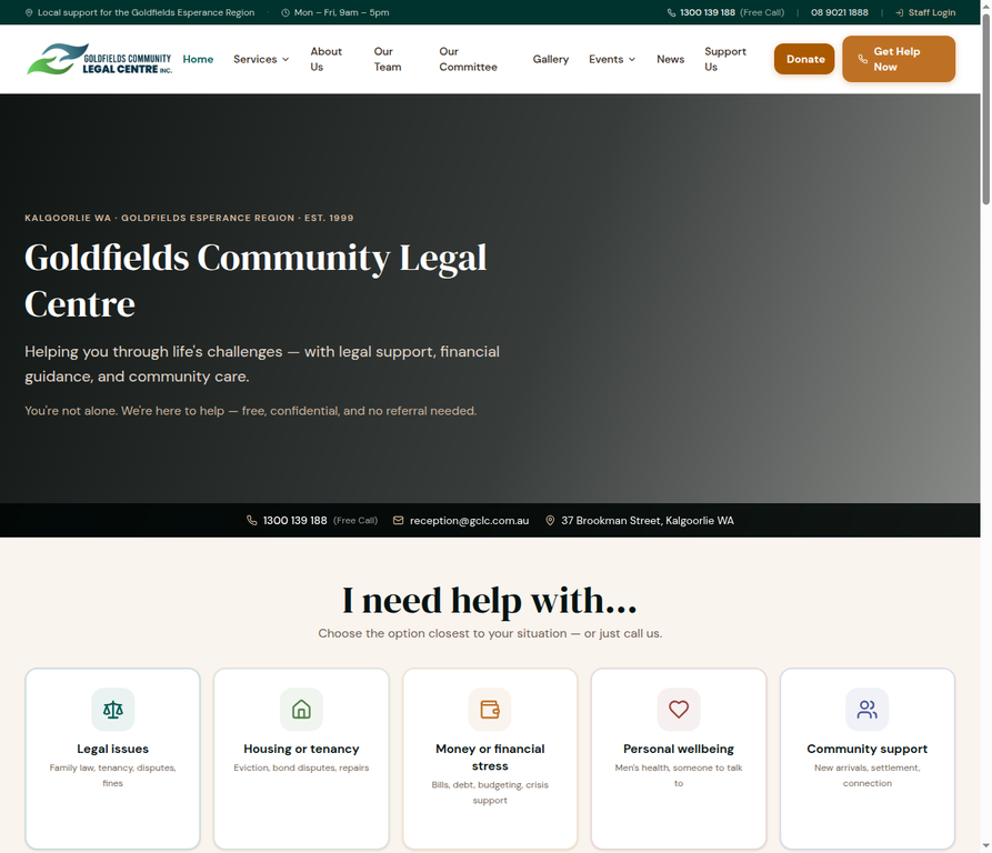 Public homepage screenshot for Goldfields Community Legal Centre.