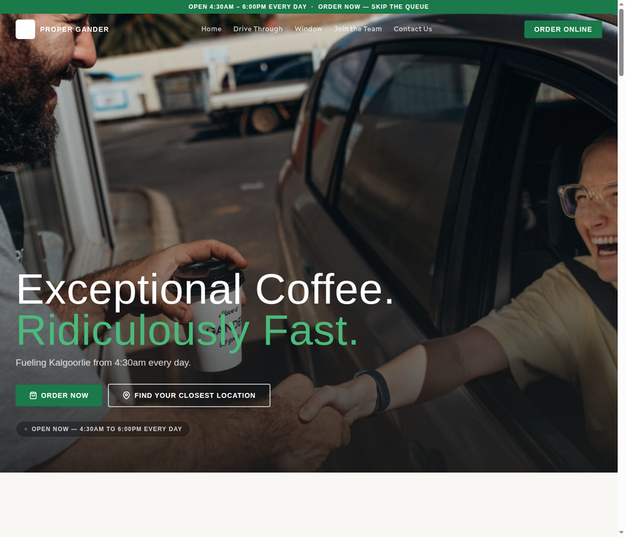 Public homepage screenshot for Proper Gander Espresso.